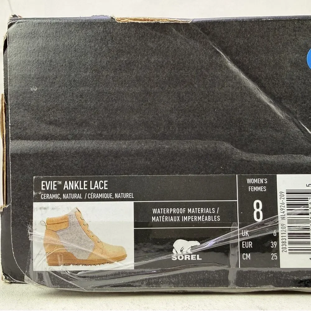 Sorel Evie Ankle Lace Boots Wedge Womens 8 WP Suede Wedge‎ Ceramic Natural